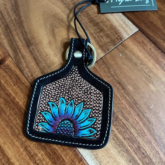 Fave! Myra Bag Purple Turquoise Floral tooled leather key chain fob gift flower - Picture 3 of 5